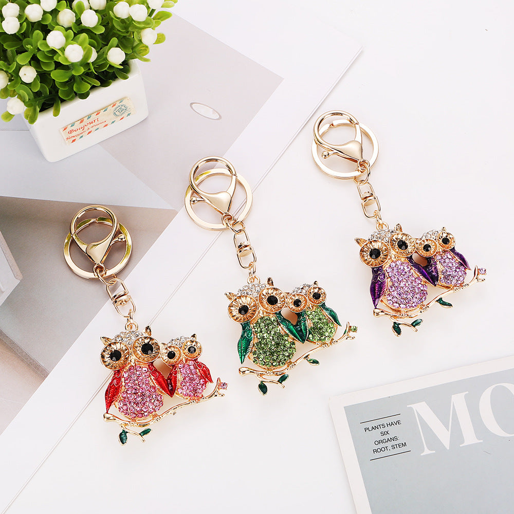 Twin Owl Rhinestone Bag Charm & Keychain