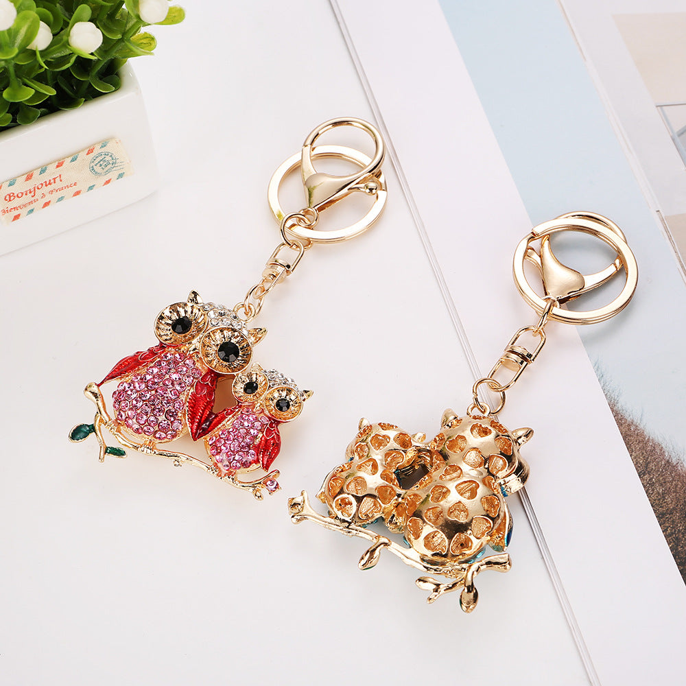 Twin Owl Rhinestone Bag Charm & Keychain