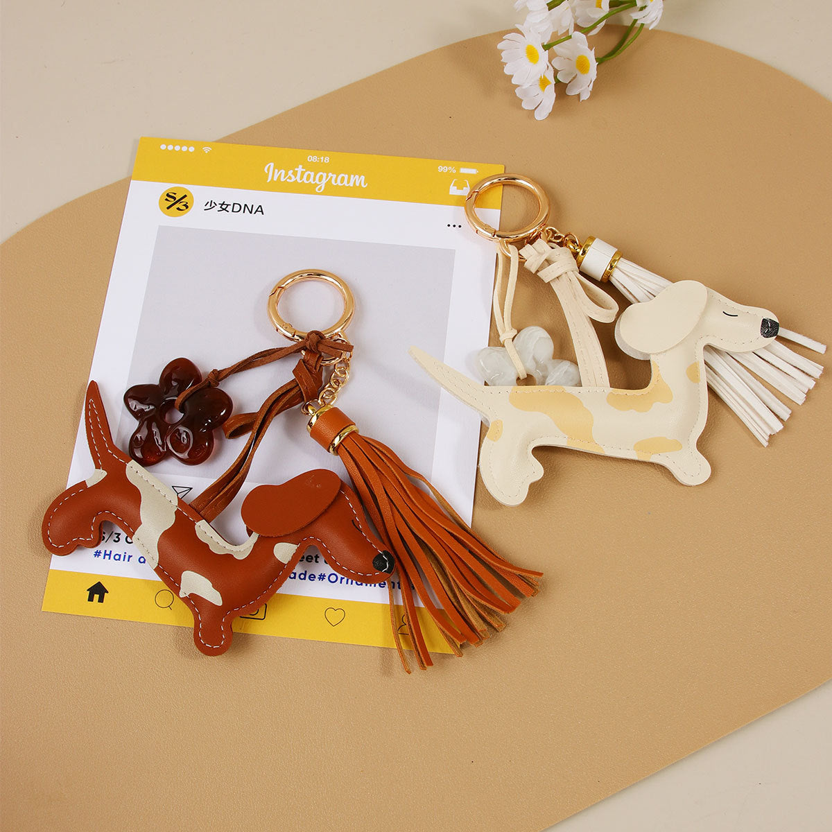 PU Leather Spotted Dachshund Bag Charm & Keychain